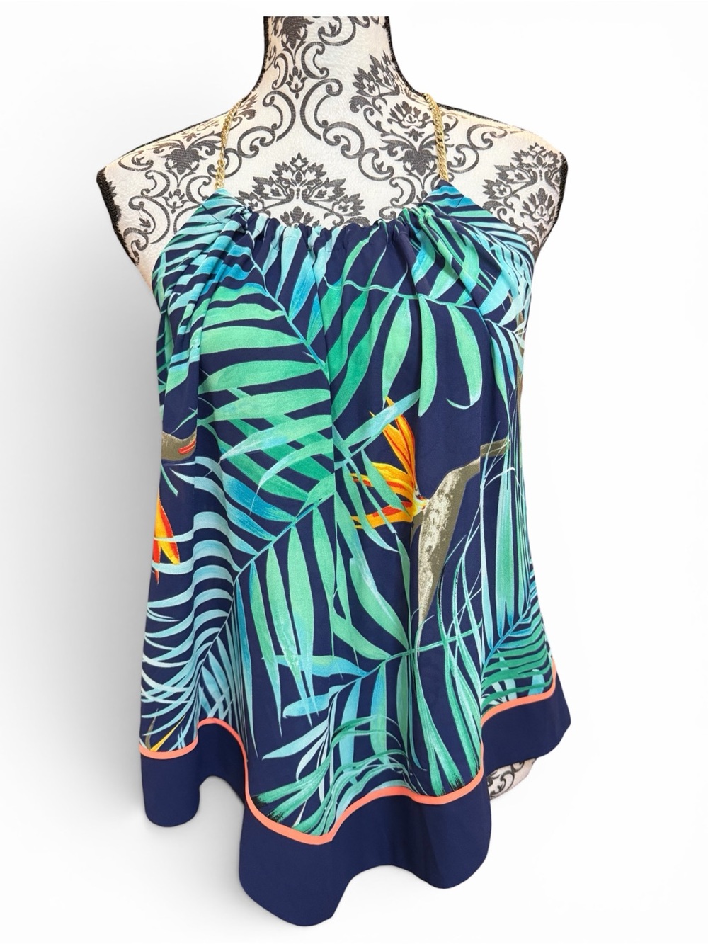 Express  Tropical Hankerchief Halter with Gold Chain Strap